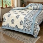 Blue And White Floral Handblock Print Cotton Quilt
