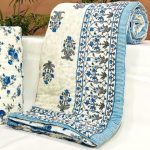 Blue And White Floral Handblock Print Cotton Quilt - Image 3